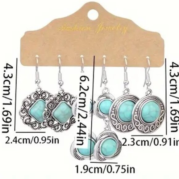 Earrings Turquoise Dangle 3pr Silver Boho Native Southwest Stylish Trendy Glam - Picture 2 of 2